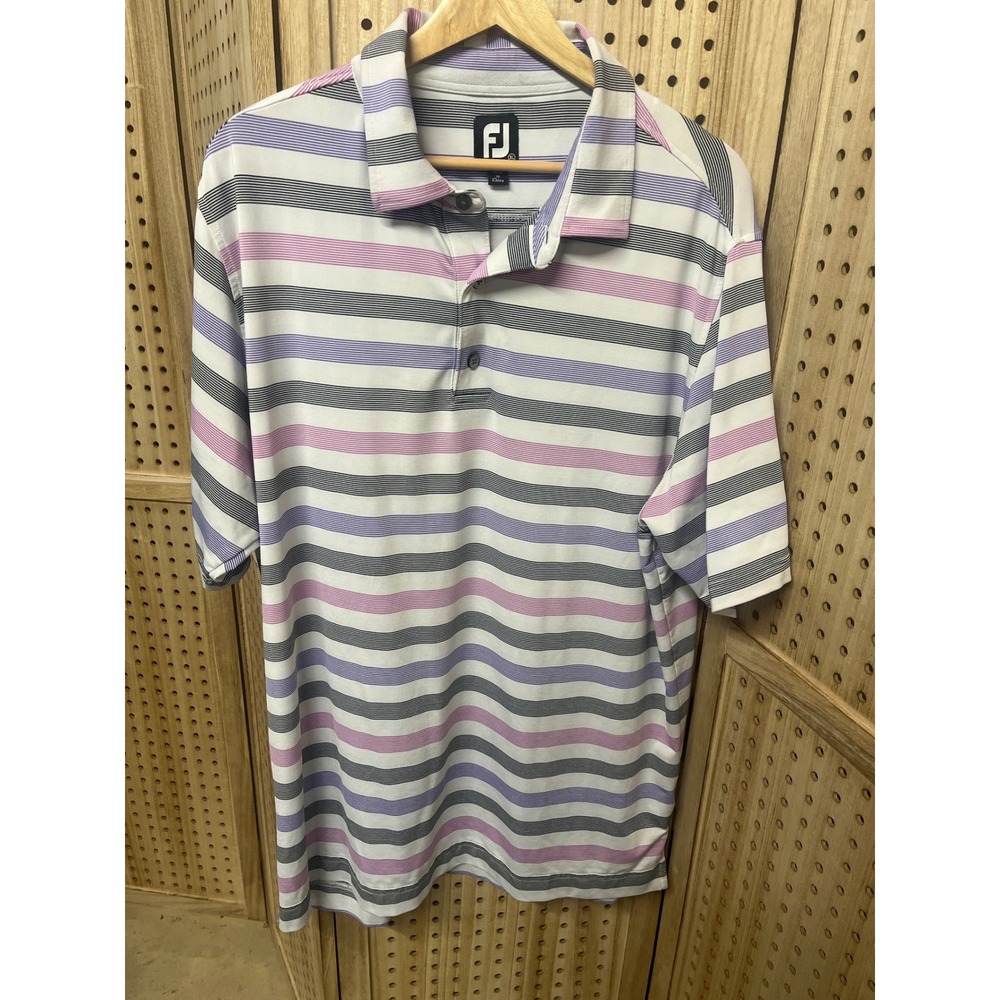 FJ FootJoy Golf‎ Polo Shirt Men's XL Striped Purple Pink Grey Short Sleeve